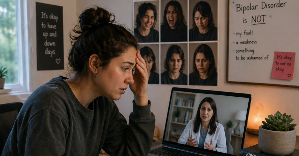 Person in mood swings consulting online psychiatrist for bipolar care