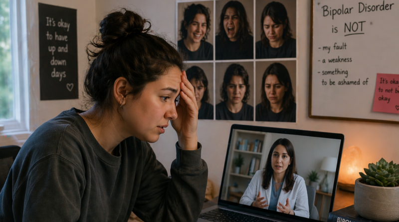 Person in mood swings consulting online psychiatrist for bipolar care