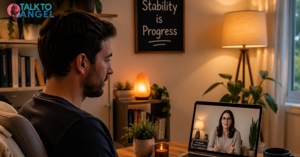 Person attending online therapy to overcoming bipolar symptoms at home