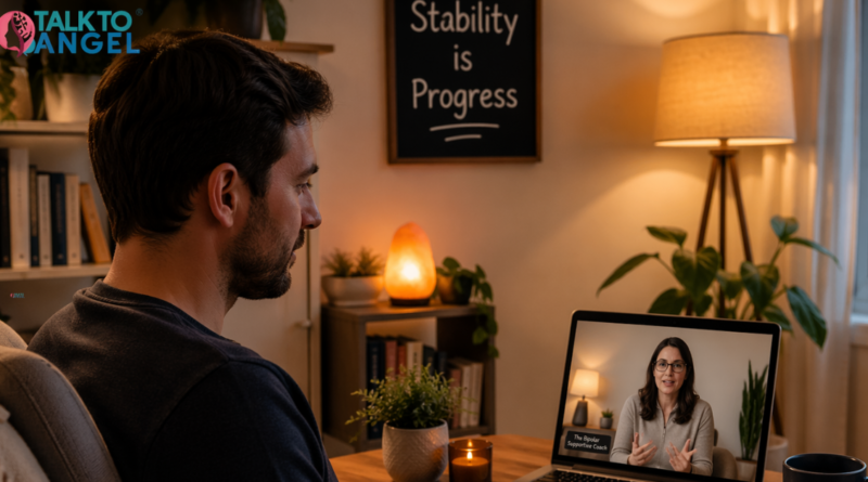Person attending online therapy to overcoming bipolar symptoms at home