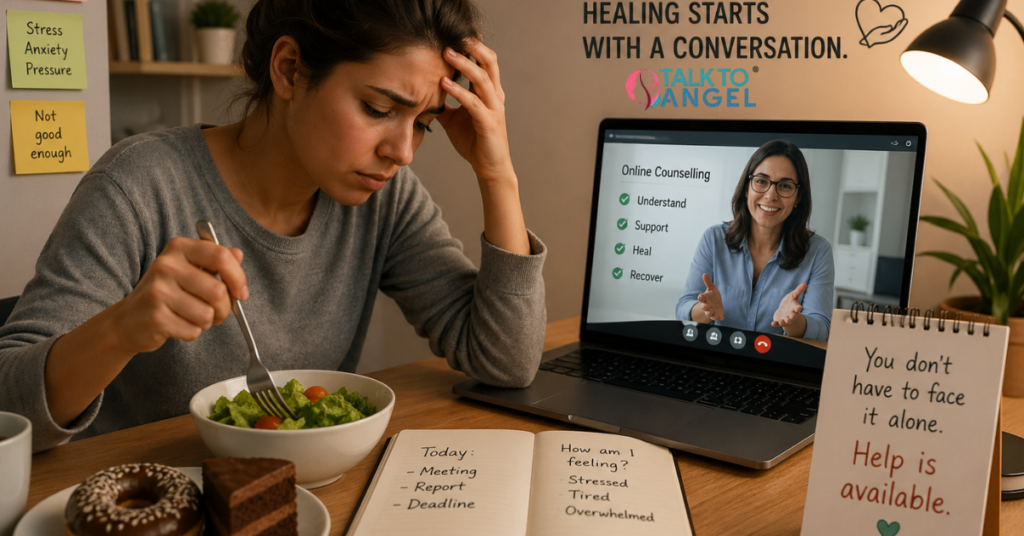 Stressed person at desk struggling with eating disorder, seeking online counselling