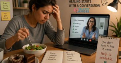 Stressed person at desk struggling with eating disorder, seeking online counselling