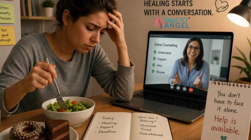Stressed person at desk struggling with eating disorder, seeking online counselling