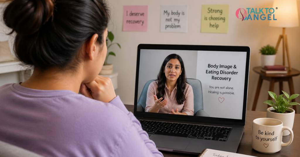 Person in online counselling for body image & eating disorder recovery