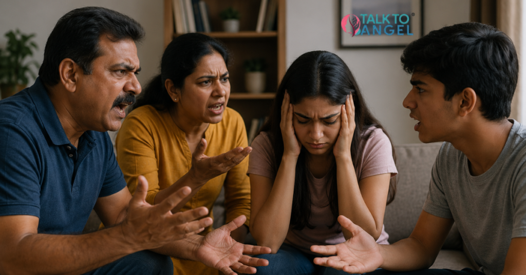 Family argument shows stress, poor communication, need for family therapy
