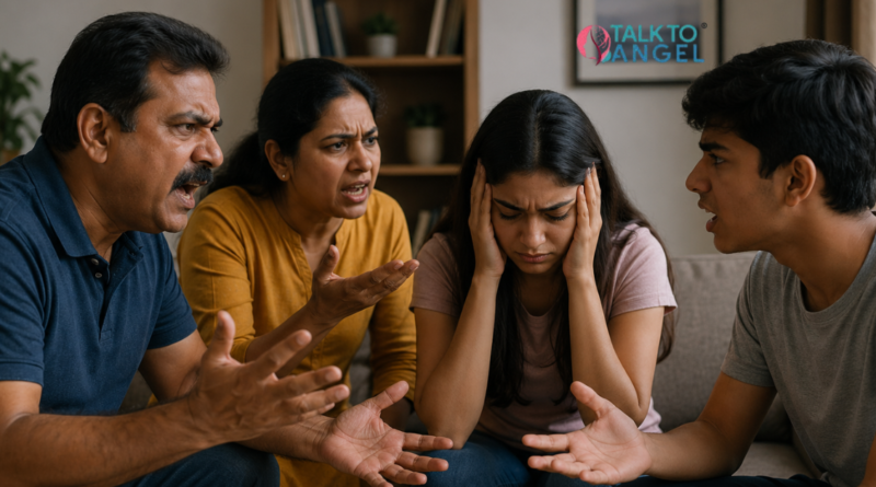 Family argument shows stress, poor communication, need for family therapy