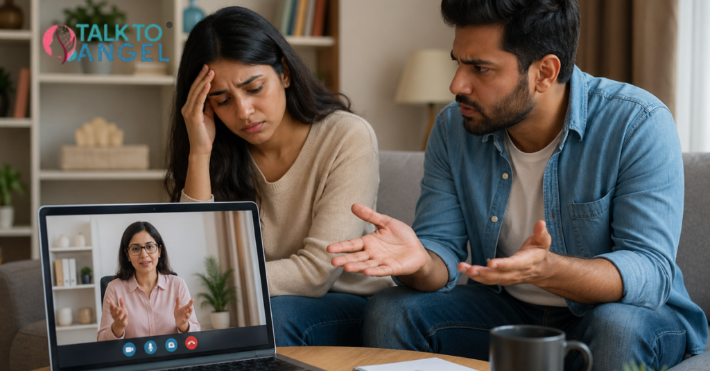 Couple facing relationship stress, & discussing issues during online counselling