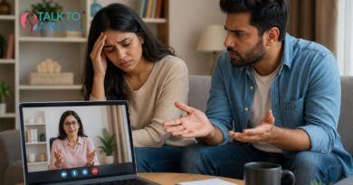 Couple facing relationship stress, & discussing issues during online counselling