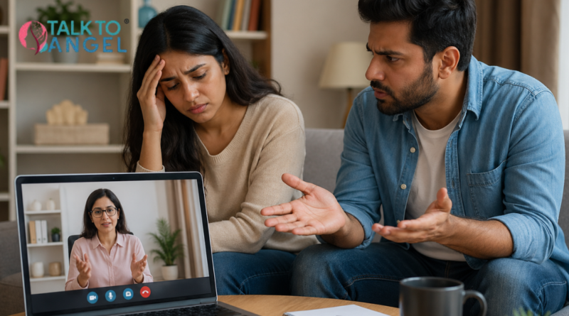 Couple facing relationship stress, & discussing issues during online counselling