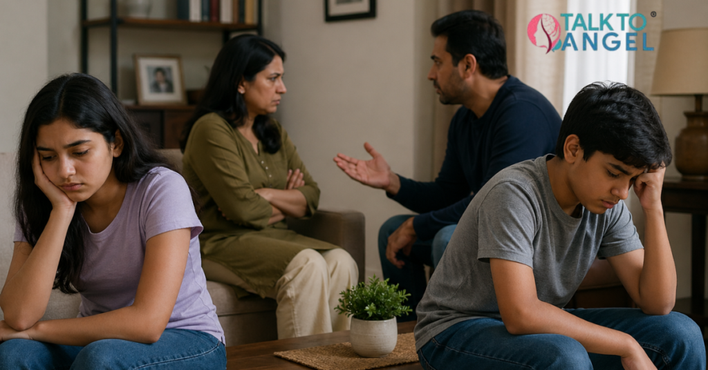 Stressed family sitting apart, showing need for family systemic therapy