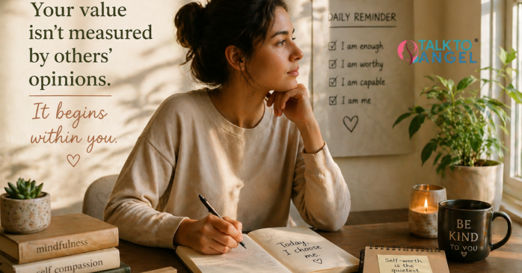 Person practicing mindfulness meditation calmly, reflecting on self-worth & inner peace