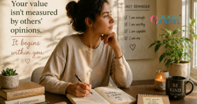 Person practicing mindfulness meditation calmly, reflecting on self-worth & inner peace