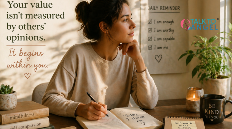 Person practicing mindfulness meditation calmly, reflecting on self-worth & inner peace