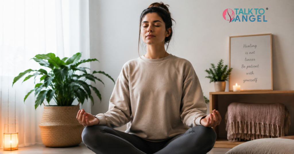 Person sitting calmly in meditation, practicing mindfulness to cope with trauma