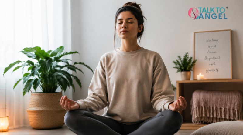 Person sitting calmly in meditation, practicing mindfulness to cope with trauma