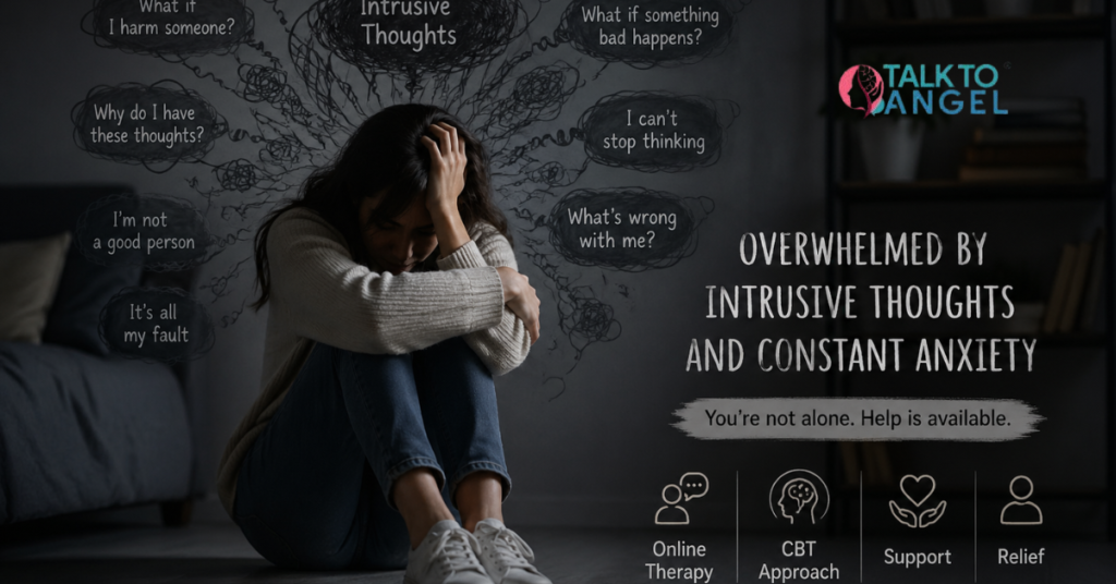 Person sitting alone & overwhelmed by intrusive thoughts and constant anxiety