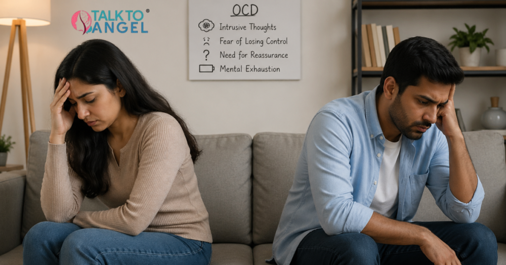 Couple sitting apart looking stressed due to OCD-related relationship anxiety
