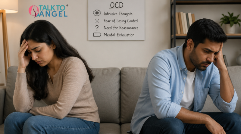 Couple sitting apart looking stressed due to OCD-related relationship anxiety
