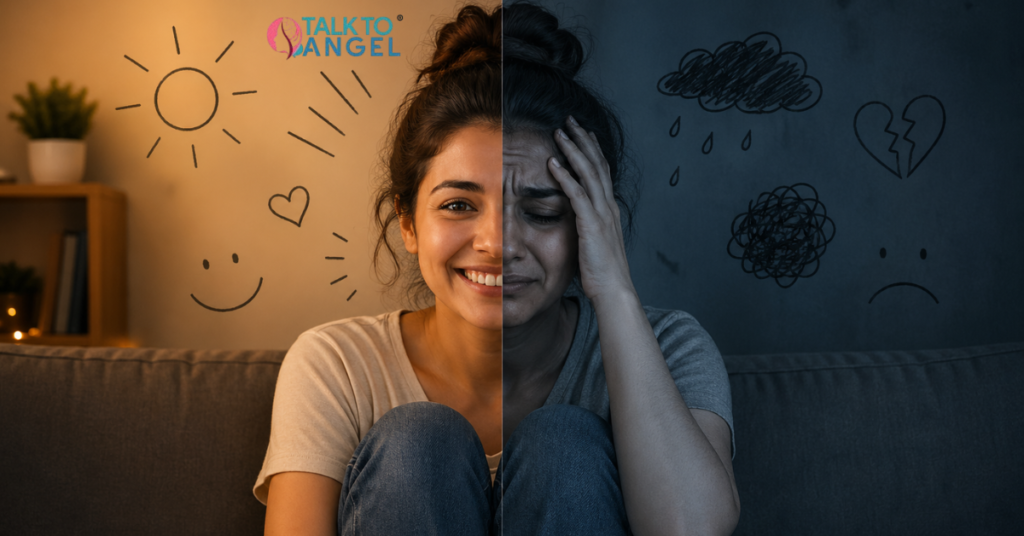 Person holding head, showing extreme mood swings from happy to sad in bipolar depression