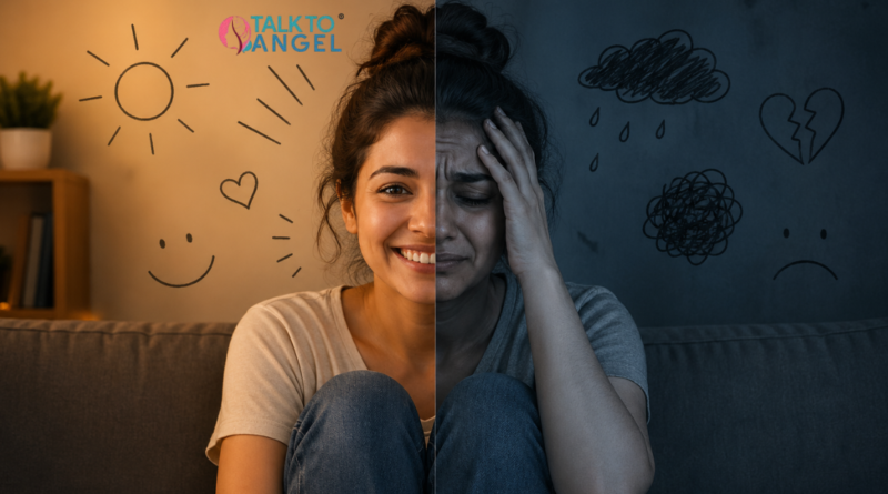 Person holding head, showing extreme mood swings from happy to sad in bipolar depression