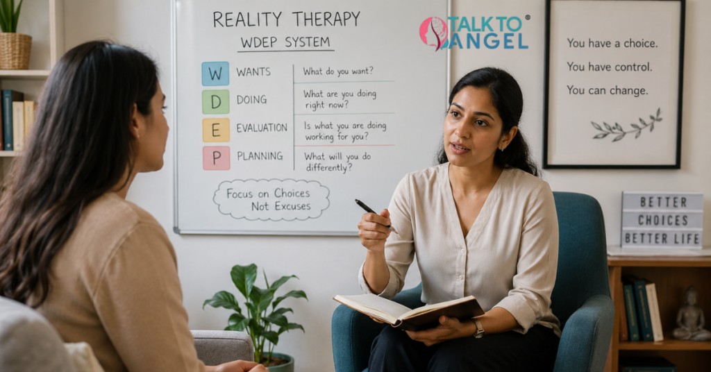 Therapist guiding client using Reality Therapy techniques in calm session