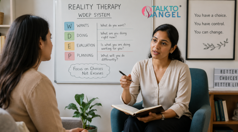 Therapist guiding client using Reality Therapy techniques in calm session
