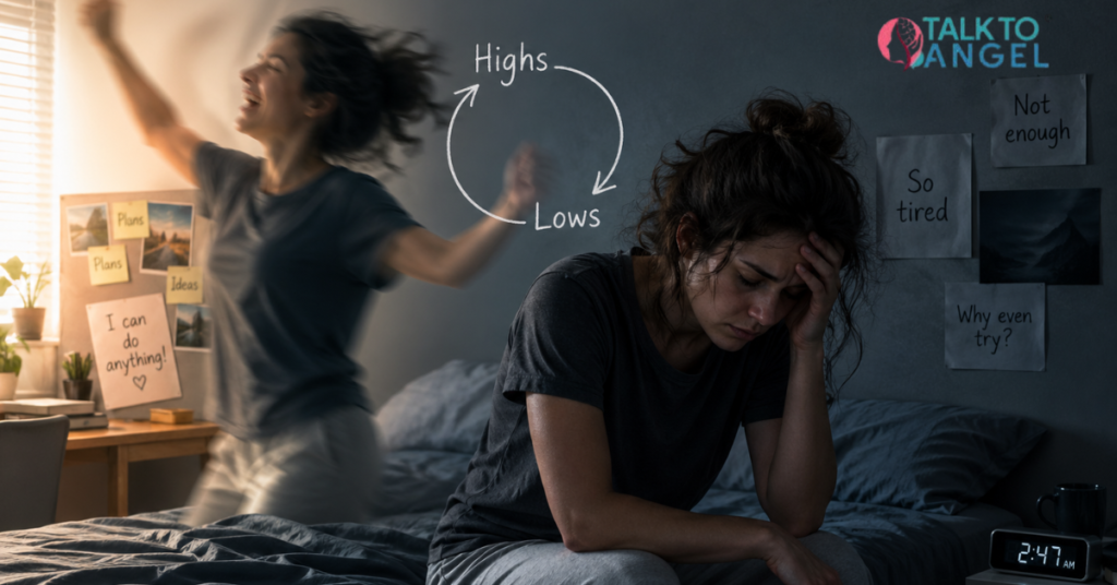 Person split between energetic and depressed moods, showing bipolar disorder