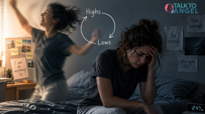 Person split between energetic and depressed moods, showing bipolar disorder