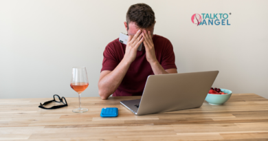Overwhelmed person managing stress with online therapy support
