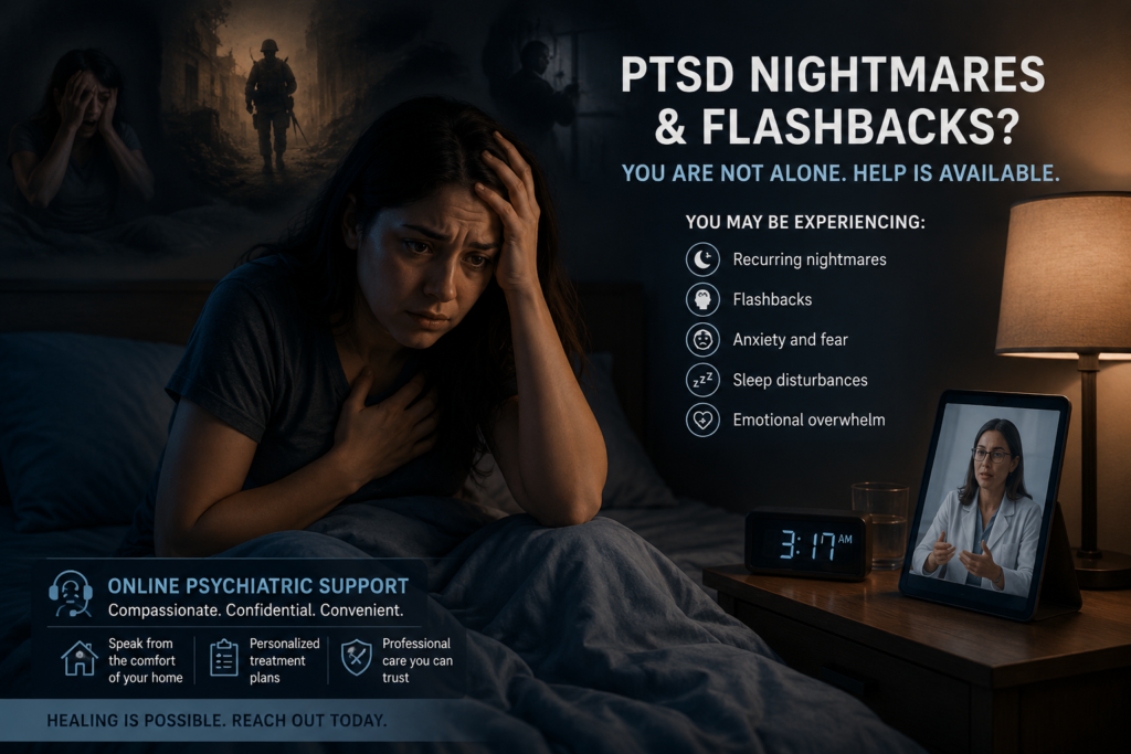 Person sitting awake in bed after a PTSD nightmare, looking distressed & overwhelmed by flashbacks at night.