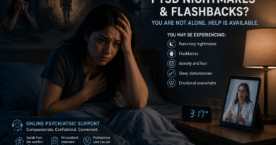 Person sitting awake in bed after a PTSD nightmare, looking distressed & overwhelmed by flashbacks at night.