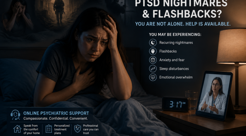 Person sitting awake in bed after a PTSD nightmare, looking distressed & overwhelmed by flashbacks at night.