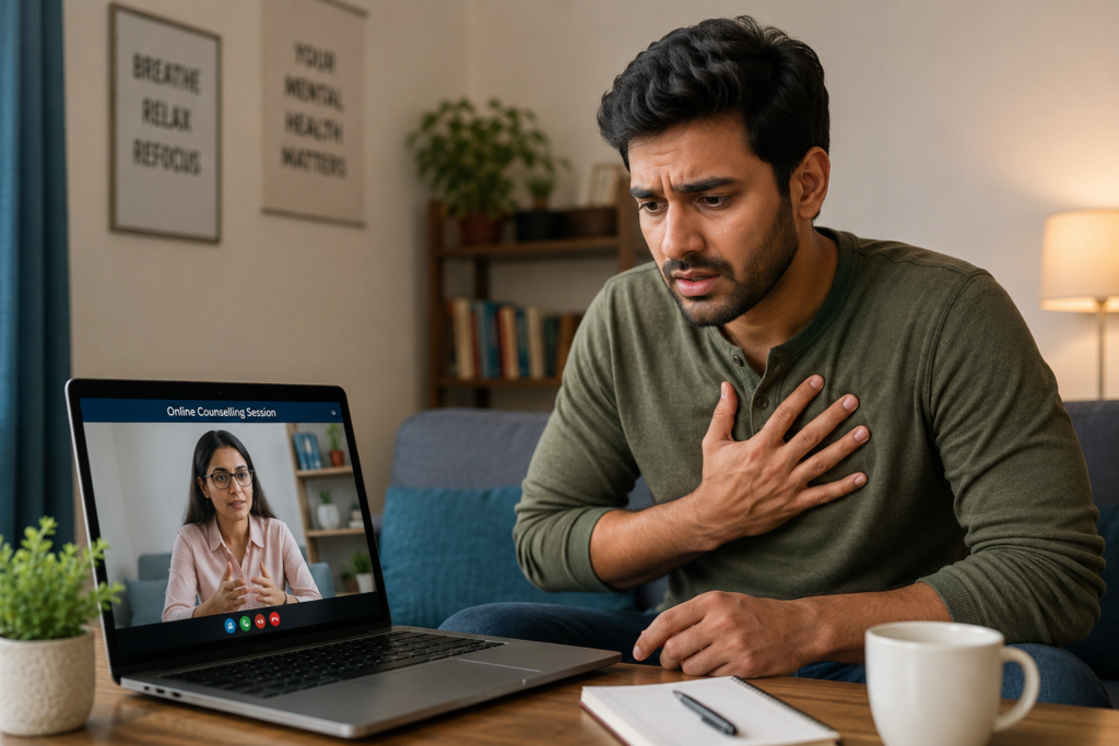 man experiencing anxiety and heart palpitations during an online counselling session at home.