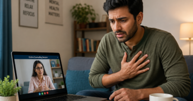 man experiencing anxiety and heart palpitations during an online counselling session at home.