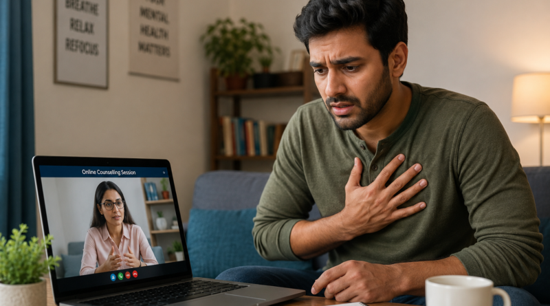 man experiencing anxiety and heart palpitations during an online counselling session at home.
