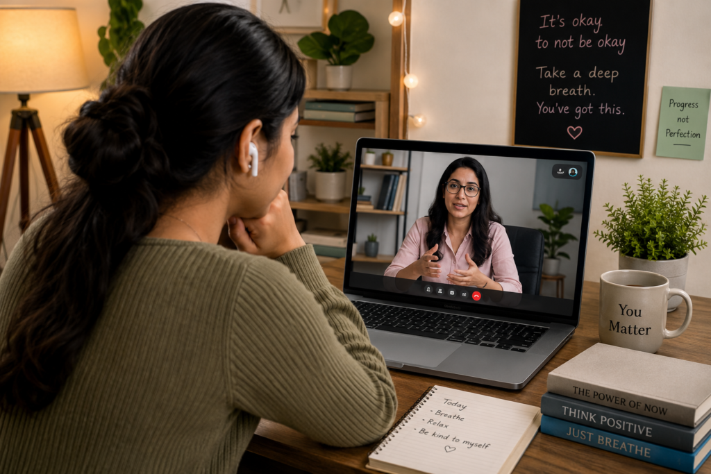 Woman attending online stress counselling session from home with therapist on laptop for emotional support.