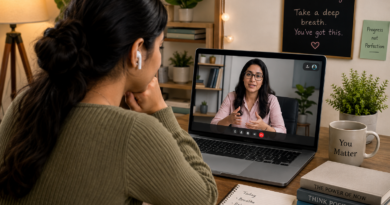 Woman attending online stress counselling session from home with therapist on laptop for emotional support.
