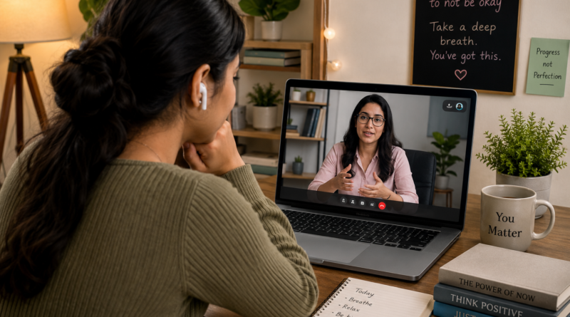 Woman attending online stress counselling session from home with therapist on laptop for emotional support.