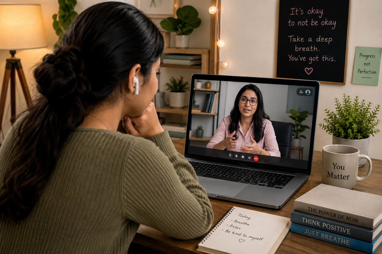 Woman attending online stress counselling session from home with therapist on laptop for emotional support.