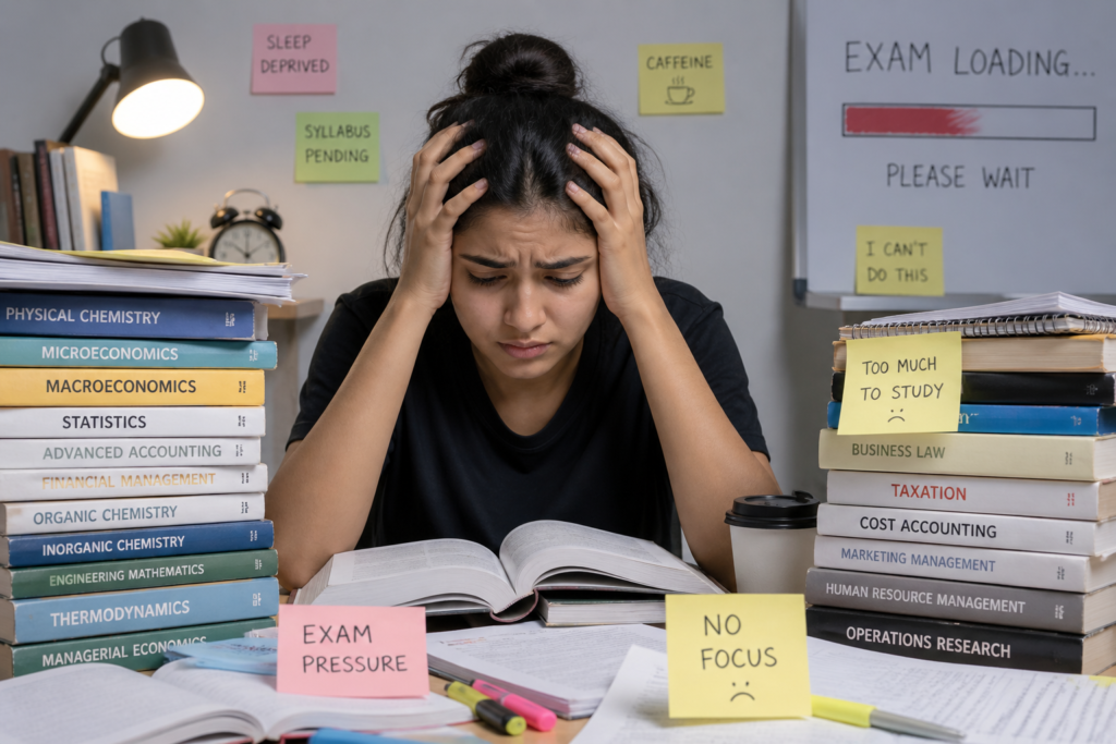 Student overwhelmed by books, struggling with exam anxiety and lack of concentration
