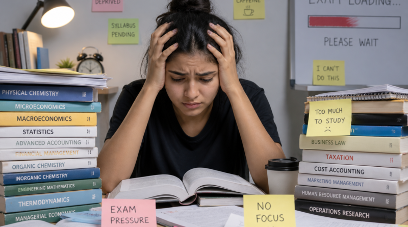 Student overwhelmed by books, struggling with exam anxiety and lack of concentration