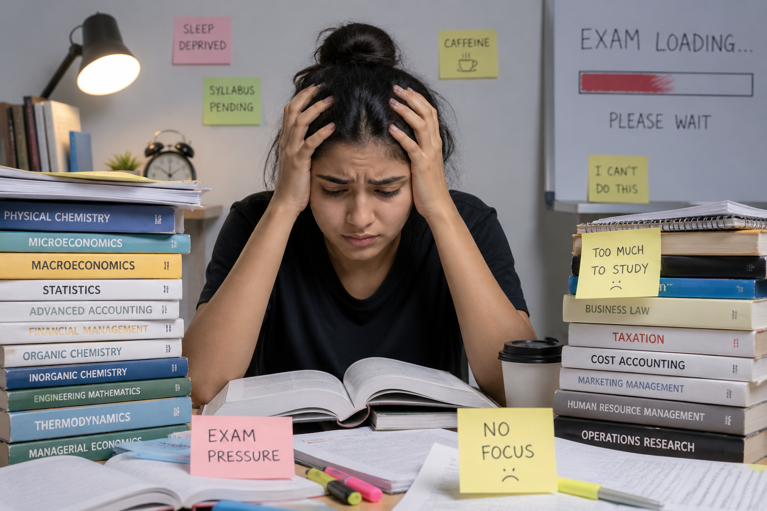 Student overwhelmed by books, struggling with exam anxiety and lack of concentration