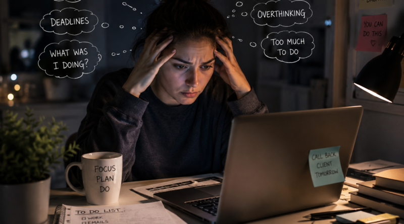 Adult with ADHD feeling mentally overwhelmed while working late on a laptop at home during an ADHD psychiatry consultation.
