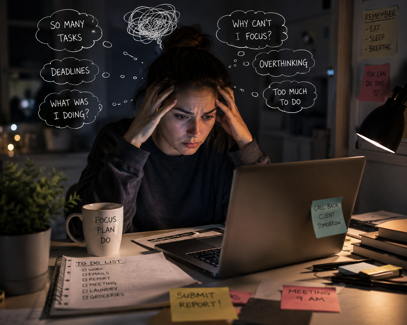 Adult with ADHD feeling mentally overwhelmed while working late on a laptop at home during an ADHD psychiatry consultation.
