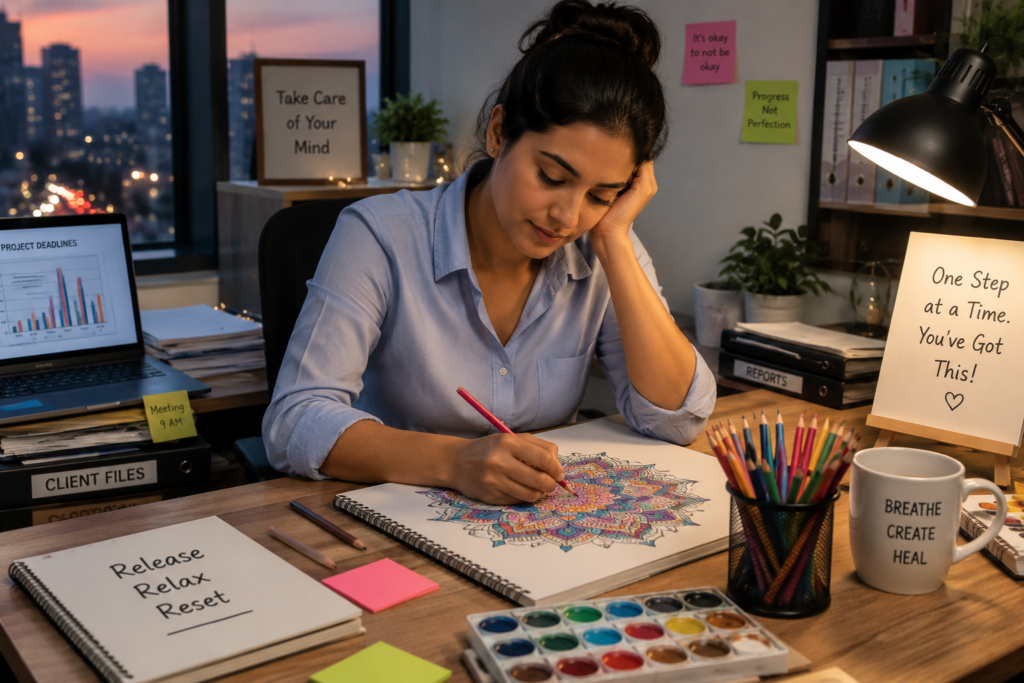 Stressed office worker using art therapy activities to relax and reduce workplace stress after a busy day.
