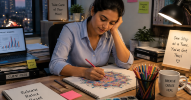 Stressed office worker using art therapy activities to relax and reduce workplace stress after a busy day.