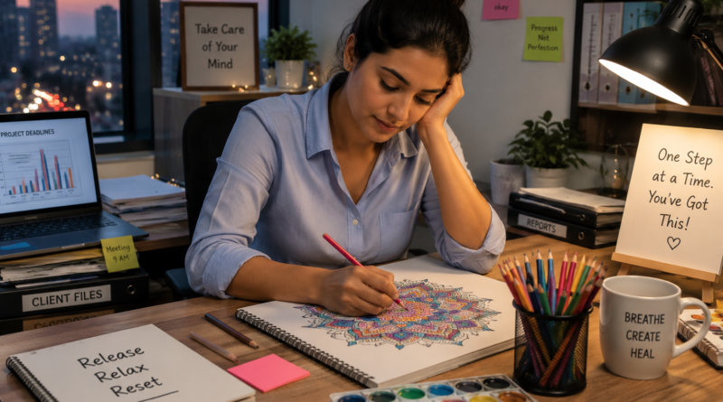 Stressed office worker using art therapy activities to relax and reduce workplace stress after a busy day.