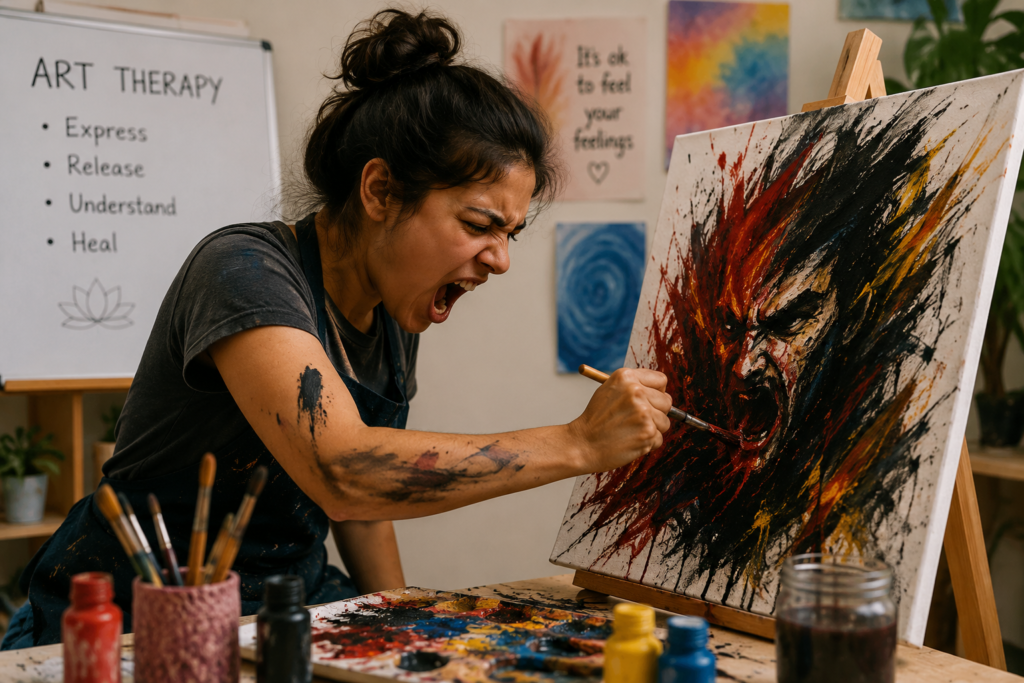Person expressing anger through painting during an art therapy session