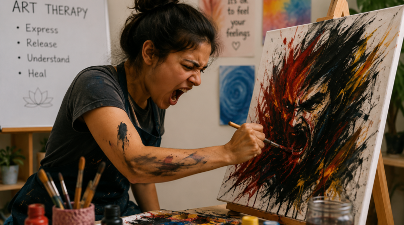 Person expressing anger through painting during an art therapy session