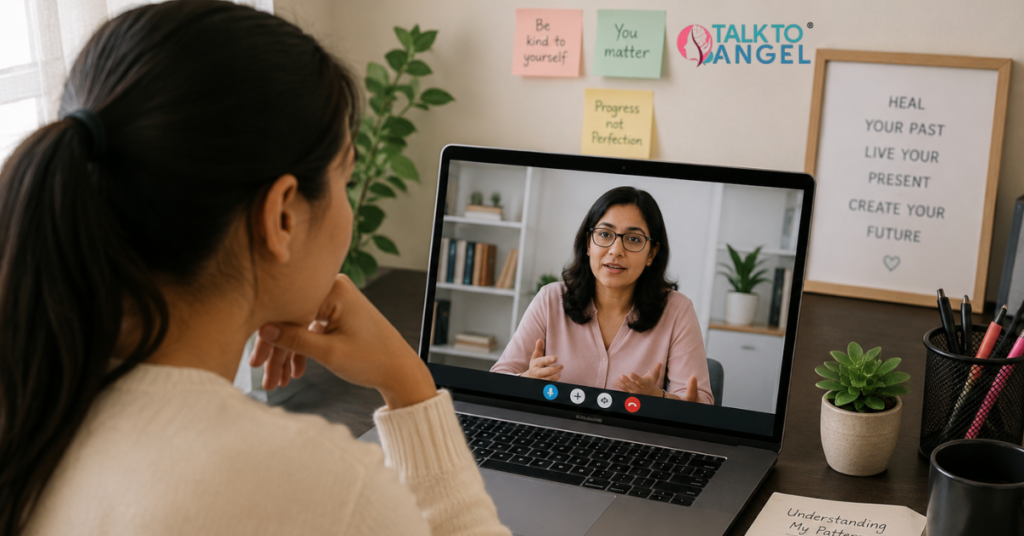 Person attending online schema therapy session for emotional healing and personality pattern support.